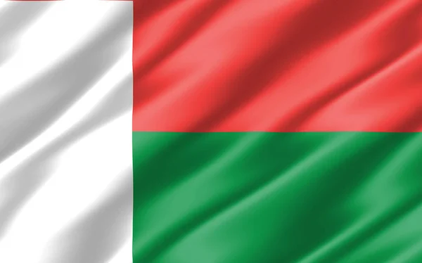 马达加斯加的丝绸波纹旗 Wavy马达加斯加国旗3D插图 分裂的马达加斯加国旗是自由 爱国主义和独立的象征 — 图库照片