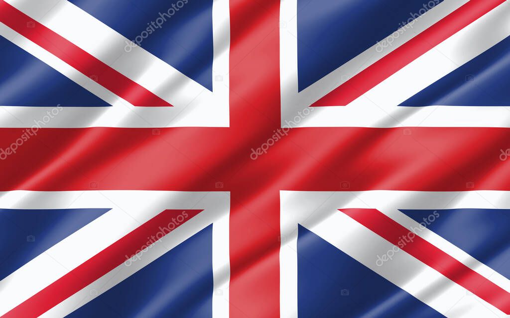 Silk wavy flag of United Kingdom graphic. Wavy British flag 3D illustration. Rippled United Kingdom country flag is a symbol of freedom, patriotism and independence.