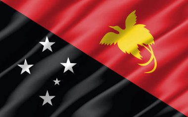 Papua Yeni Gine grafikli ipek dalgalı bayrak. Dalgalı Papuan bayrağı çizimi. Dalgalanan Papua Yeni Gine bayrağı özgürlük, vatanseverlik ve bağımsızlığın bir sembolüdür..
