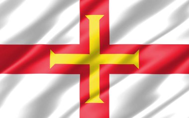 Guernsey grafiğinin ipek dalgalı bayrağı. Dalgalı Guernesiais bayrak çizimi. Dalgalanan Guernsey bayrağı özgürlük, vatanseverlik ve bağımsızlığın sembolüdür..