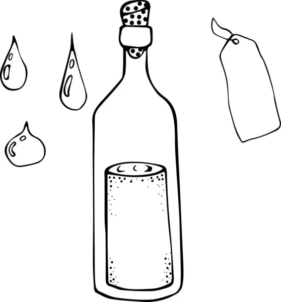 Vector illustration of a bottle with liquid and cork, label and drops in the Doodle style. Black outline on a white background. Laboratory, vessel, medicine, liquid, drink, magic, gas — Stock Vector