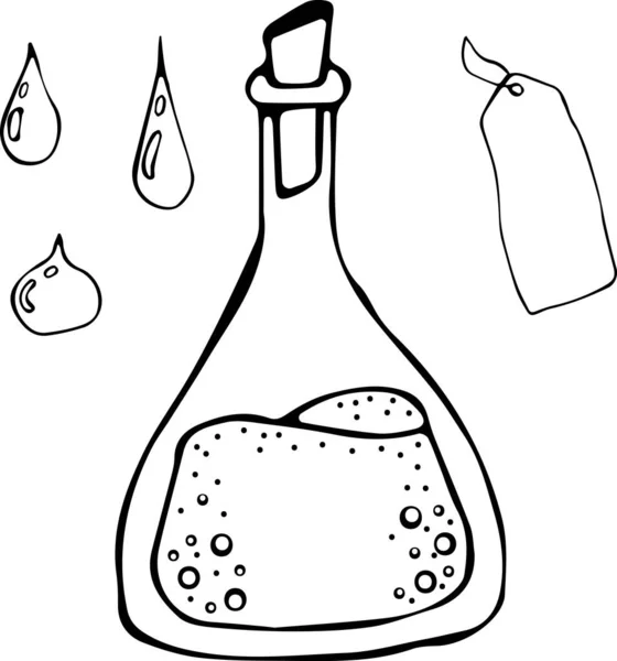 Ilustración vectorial de una botella con líquido y corcho, etiqueta y gotas al estilo Doodle. Esquema negro sobre fondo blanco. Laboratorio, recipiente, medicina, líquido, bebida, magia, gas — Vector de stock