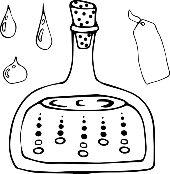 Sıvı ve mantarlı bir şişenin vektör çizimi, Doodle tarzında etiketle ve düşür. Beyaz arka planda siyah bir taslak. Laboratuvar, damar, ilaç, sıvı, içecek, sihir, gaz