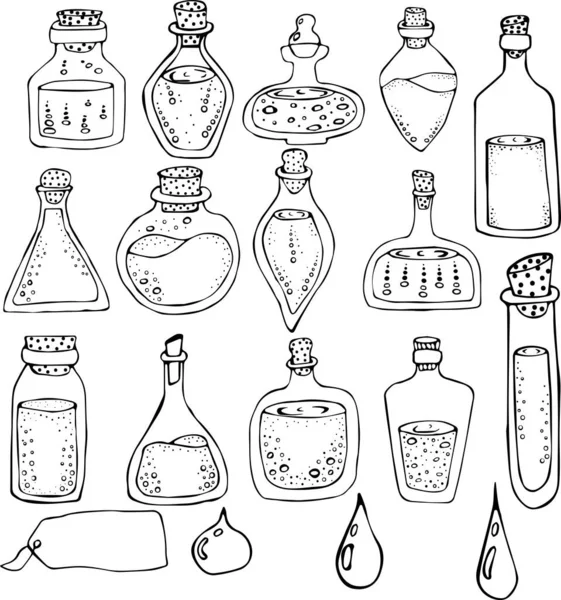 Vektor-Illustration einer Reihe von Flüssigflaschen, Etiketten und Tropfen im Doodle-Stil. Schwarze Umrisse auf weißem Hintergrund. Konzept der Medizin, Labor, Chemie, Wissenschaft, Magie — Stockvektor