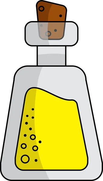 Sarı sıvı ve mantarlı bir şişenin vektör çizimi, beyaz arka planda tek bir element. Tıp kavramı, laboratuvar, kimya, sihir, analiz koleksiyonu. — Stok Vektör