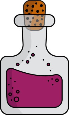 Vinöz sıvı ve mantarlı bir şişenin vektör çizimi, beyaz arka planda tek bir element. Tıp kavramı, laboratuvar, kimya, sihir, analiz koleksiyonu.