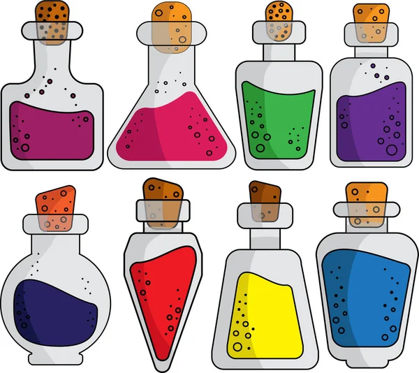 Ilustração vetorial de um conjunto de garrafas de várias formas com líquido multicolorido no estilo de um desenho animado em um fundo branco. Conceito de laboratório, medicina, química, magia, análise —  Vetores de Stock