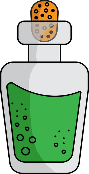 Ilustración vectorial de una botella con un líquido verde y un corcho, un solo elemento sobre un fondo blanco. Concepto de medicina, laboratorio, química, magia, colección de análisis . — Vector de stock