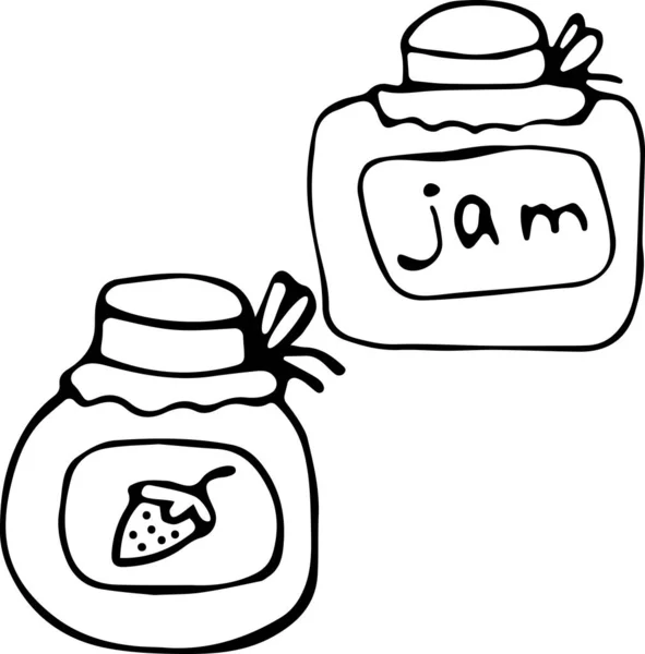 Reçelli, reçelli, konserve yiyecekli kavanozların vektör çizimi, Doodle tarzı kış hazırlıkları. İzole edilmiş beyaz bir arka planda siyah bir çizgi. Ekoloji konsepti, doğal ürünler ve