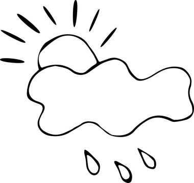 Bulutun vektör çizimi. Doodle tarzında güneş damlaları. İzole edilmiş beyaz bir arka planda siyah bir çizgi. Hava konsepti, mevsimlik, yağmur, fırtına, bulutlar, ruh hali