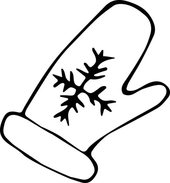 Vector illustratie van een handschoen met een sneeuwvlok in de Doodle stijl. Zwarte omtrek op een geïsoleerde witte achtergrond. Het concept van winter, seizoensgebondenheid, nieuwjaarsvakantie, gelukkig nieuwjaar, vrolijk — Stockvector