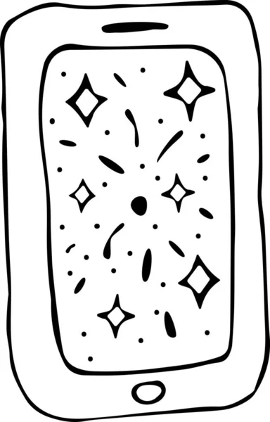 Cep telefonunun, Doodle tarzında havai fişeklerin olduğu bir temsili temsili. Tatil konsepti, yeni yıl, Noel, hediyeler, sihir, iletişim. Kumaş, kağıt için kullanılabilir.