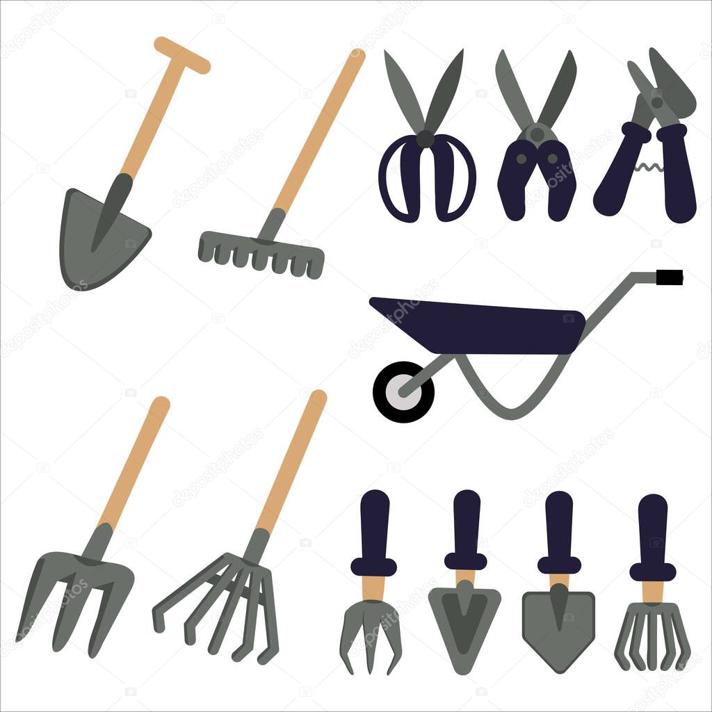 Vector illustration of a set of various garden items on a light background. Garden tools: shovel, rake, pitchfork, wheelbarrow. A collection of tools for a garden or farm. Flat illustration design.