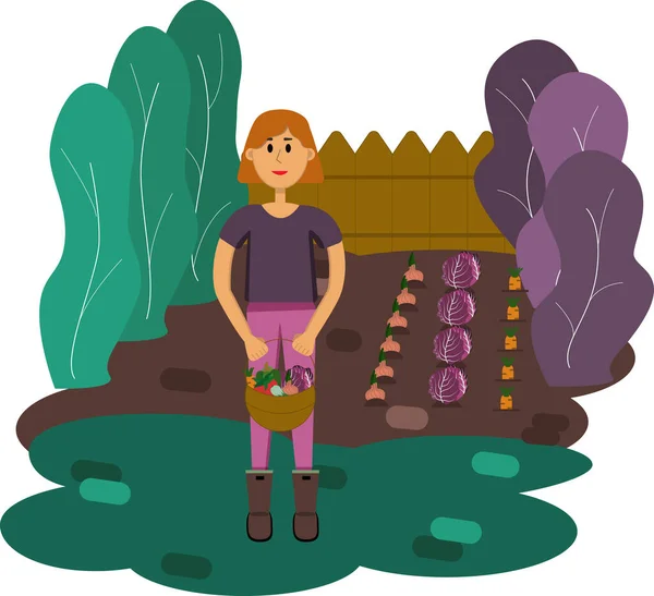 Επίπεδη διανυσματική απεικόνιση μιας νεαρής κοπέλας με ένα καλάθι λαχανικών στα χέρια της στο φόντο των δέντρων, των φρακτών και των φυτικών κρεβατιών. Γεωργικές εργασίες, συγκομιδή, εποχιακή εργασία, χειρωνακτική εργασία. — Διανυσματικό Αρχείο