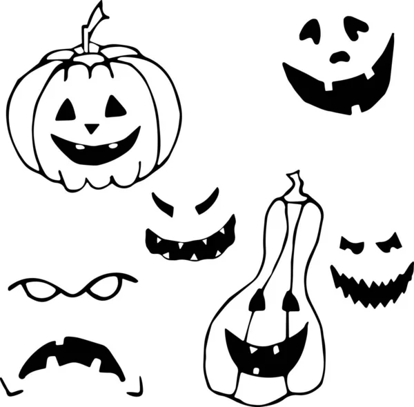 Vektor-Illustration einer Reihe von Kürbissen und Gesichtern für Halloween im Stil von Doodle. Das Konzept der Feier, Angst, Schrecken, Spaß, Halloween. Verwendbar für Stoff, Textilien, Papier — Stockvektor