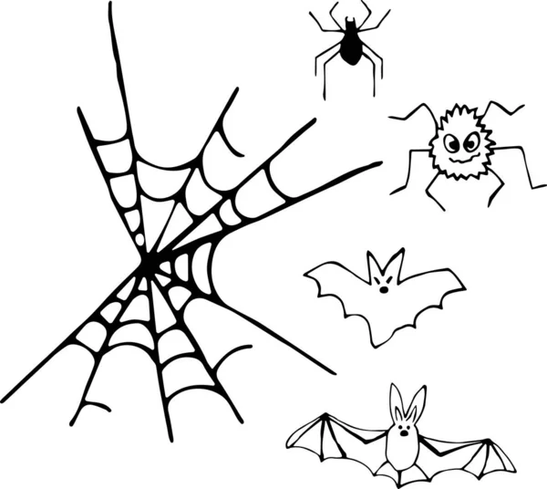Cadılar Bayramı için Doodle tarzında ağ, örümcek ve yarasaların vektör çizimi. Kutlama, korku, korku, eğlence, Cadılar Bayramı konsepti. Kumaş, tekstil, kağıt, duvar kağıdı, kitap için kullanılabilir