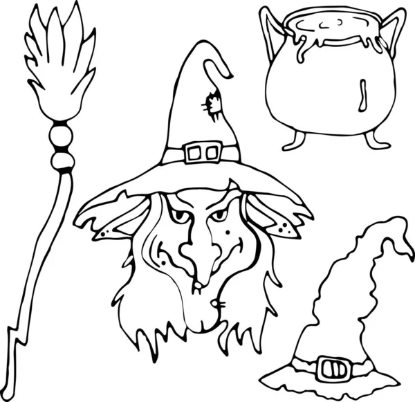 Wektorowa ilustracja głowy czarownicy, czapki czarownicy, miotły i kotła na Halloween w stylu Doodle. Koncepcja świętowania, strachu, horroru, zabawy, Halloween. Może być stosowany do tkanin — Wektor stockowy