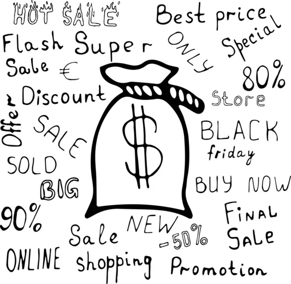 Doodle tarzında bir dolar işareti olan iple bağlanmış bir çantanın vektör çizimi. Satış, ticaret, alım satım, satış konularındaki kelimeler. Kumaş, tekstil, kağıt, duvar kağıdı, kitap için kullanılabilir.