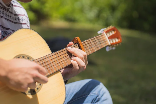 Young Man Playing Spanish Guitar Field — Stock Photo, Image