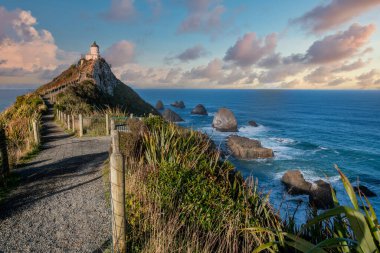 Tarihi Nugget Point Deniz Feneri 'ne ve etrafındaki inanılmaz kaya ve ada oluşumlarına giden yol.