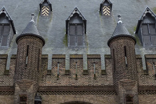 宾内堆夫宫殿 荷兰议会 外部细节特写 古老的石头屋顶与窗口和炮塔 — 图库照片