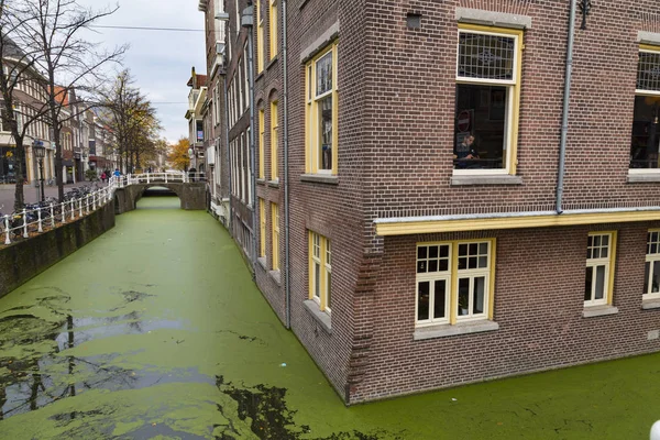 2016 Ity Delft Holandia Centrum Historyczne Miasta Ulica Kanału Turystycznym — Zdjęcie stockowe