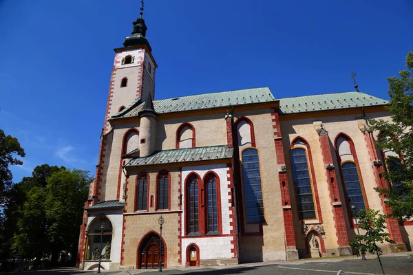 バンスカー ビストリツァの聖母マリアの被昇天教会 青空の外観 スロバキア 観光名所 観光地 — ストック写真