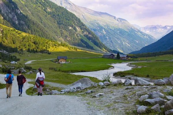 Yüksek dağ alp valley adlı yaz. Yürüyüşçüler bir dağ yolda. Turist rota Krimml şelaleler - Krimmler Tauernhaus. Hohe Tauern'in Milli Parkı. Avusturya. Ünlü Turizm hedef, turistik, etkin lifestyl