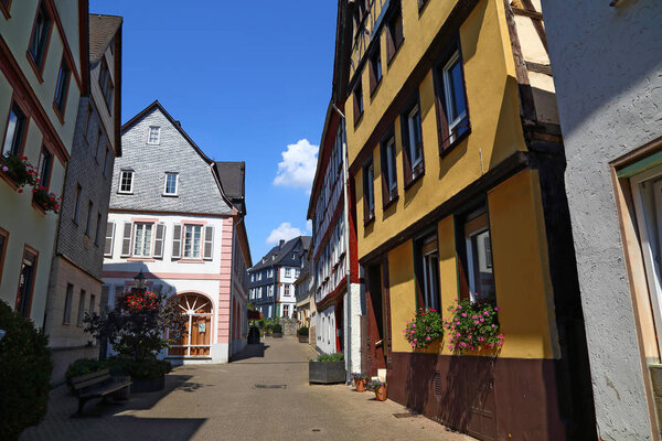 Ancient historical town Diez an der Lahn , Rhineland-Palatinate, Germany. Old town. Historic half-timbered houses in altstadt . Timber framing. Tourism destination, tourist attractio