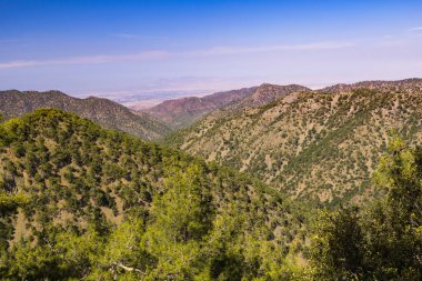 Troodos National Forest Park. Kıbrıs. Dağlar mavi gökyüzü arka plan üzerinde orman kaplı. Üstten görünüm. Turizm, turizm, seyahat, caravannin