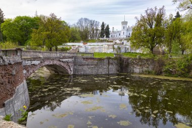 Terk edilmiş eski Sharovka Kalesi (Sharivka Sarayı) neo-gotik tarzda mahvetti. Eski park su birikintisi ve köprü ile. Kharkiv bölgesi. Ukrayna. 