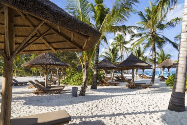 Beach resort. Şemsiye ve şezlong plaj palmiye ağaçlarının altında. Okyanusu kıyısında Zanzibar Adası. Köy Kendwa. Tanzanya. Afrika. Turizm, plaj tatil, dinlenme, Spa
