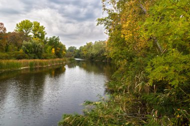 Nehir ve ağaçlarla dolu sonbahar manzarası.