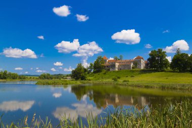 Eski güzel Svirzh kale, göl ile çevrili . Ukrayna