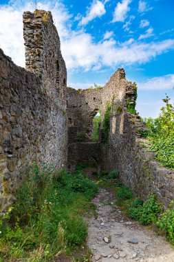 Gökyüzü arka planında ortaçağ Nevytsky (Nevytske) şatosunun kalıntıları. Transcarpathian bölgesi. Ukrayna. Turizm beldesi, turizm beldesi.