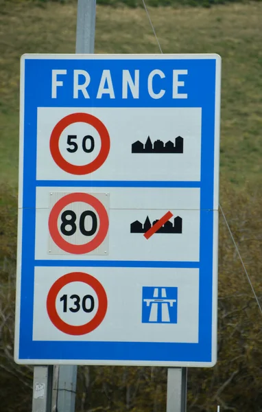 FRANCE WITH THE BORDER OF SPAIN, EUROPE, SEPTEMBER 2020. Informational poster or sign of the driving measures in France placed on the border of the Pyrenees that separates France from Catalonia, Spain.