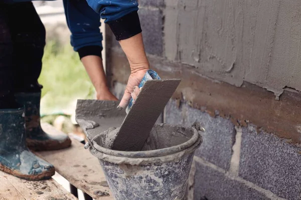 Concrete Plasterers Create Industrial Workers Background Walls Plastering Tools — Stock Photo, Image