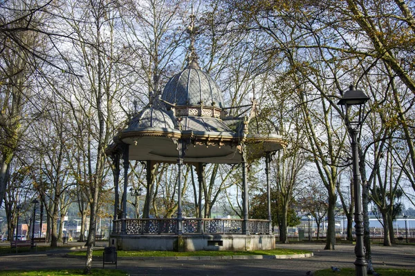 Birkaç ağaç, soğuk renkler ve güneş ışığıyla Asturian parkı.