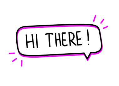 Merhaba yazıtlar. El yazısıyla yazılmış resimli harfler. Konuşma balonunda siyah vektör metni. Basit taslak işaretleme biçimi. Sohbetin taklidi