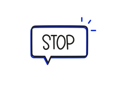 Yazmayı durdur. El yazısıyla yazılmış resimli harfler. Konuşma balonunda siyah vektör metni. Basit taslak işaretleme biçimi. Sohbetin taklidi.