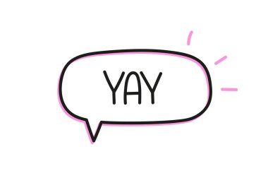 Yaşasın yazıt. El yazısıyla yazılmış resimli harfler. Konuşma balonunda siyah vektör metni. Basit taslak işaretleme biçimi. Sohbetin taklidi.