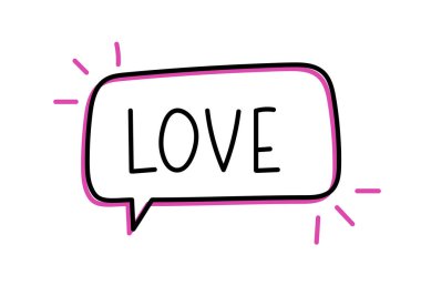 Yazıta bayılırım. El yazısıyla yazılmış resimli harfler. Konuşma balonunda siyah vektör metni. Basit taslak işaretleme biçimi. Sohbetin taklidi.