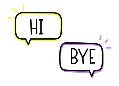 Merhaba, yazıtlar. El yazısıyla yazılmış resimli harfler. Konuşma balonunda siyah vektör metni. Basit taslak işaretleme biçimi. Sohbetin taklidi.