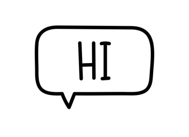 Merhaba yazıtlar. El yazısıyla yazılmış resimli harfler. Konuşma balonunda siyah vektör metni. Basit taslak işaretleme biçimi. Sohbetin taklidi.