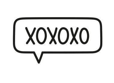 Xo Xo Xo yazıtları. El yazısıyla yazılmış resimli harfler. Konuşma balonunda siyah vektör metni. Basit taslak işaretleme biçimi. Sohbetin taklidi.