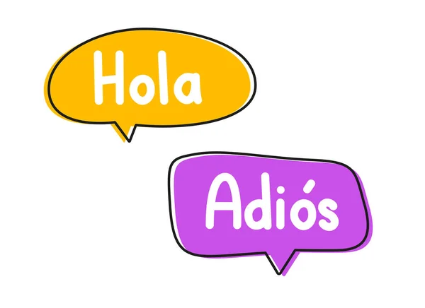 Hola adios. Illustration handschriftlicher Schriftzüge. Schwarzer Vektor-Text in rosa und gelben Neon-Sprechblasen. Vektorgrafiken