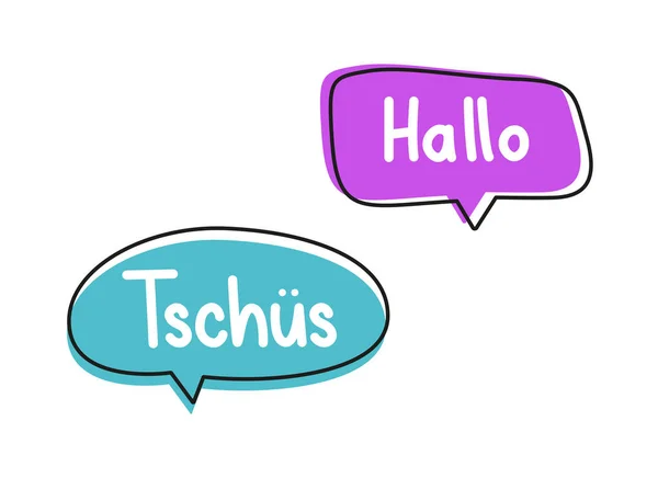 Merhaba Tschus. El yazısıyla yazılmış resimli harfler. Pembe ve mavi neon konuşma balonlarında siyah vektör metni. — Stok Vektör