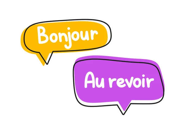 Iscrizione Bonjour au revoir. Illustrazione scritta a mano. Testo vettoriale nero in bolle vocali al neon. — Vettoriale Stock