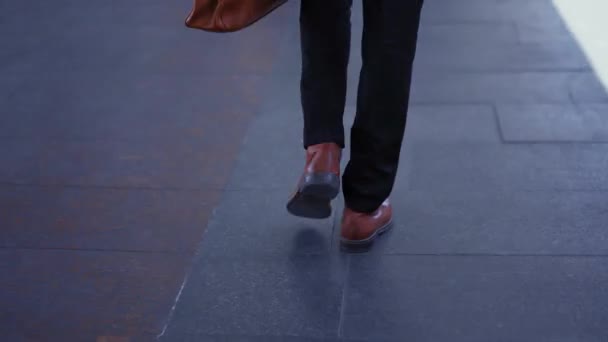 Un primo piano sulle gambe di un ragazzo con un completo da dolly sta camminando lungo la stazione della metropolitana con una valigia in mano. Al rallentatore. Affari in movimento. Concetto aziendale. Prore 422 — Video Stock