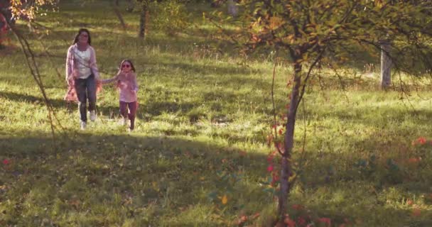Μητέρα και κόρη κάνει άλματα μαϊμού κρατώντας τα χέρια στο πάρκο φθινόπωρο μεταξύ των δέντρων με ένα πολύχρωμο παραμυθένιο χρώμα. Βαμμένο υλικό. Αντιγραφή χώρου. Οικογένεια Concept. Πρότυπα 422 — Αρχείο Βίντεο